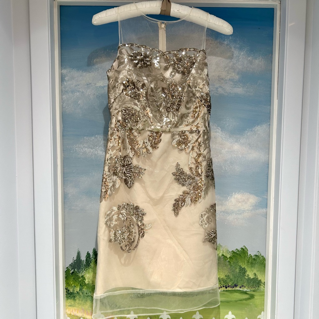 Nwt Julia Jordan Champagne And Gold Sheer Sleeveless Embellished Dress. Size 2
